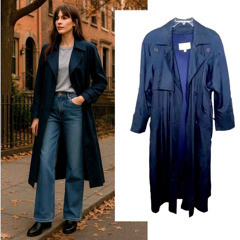 Neiman Marcus 10 LUXURY $399 Trench Coat Belted Long Rain Jacket Denim Blue